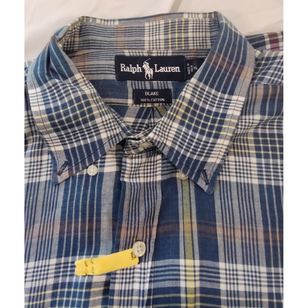 VINTAGE Polo Ralph Lauren Shirt Mens XL Blue Plaid Blake Pocket Preppy 90s